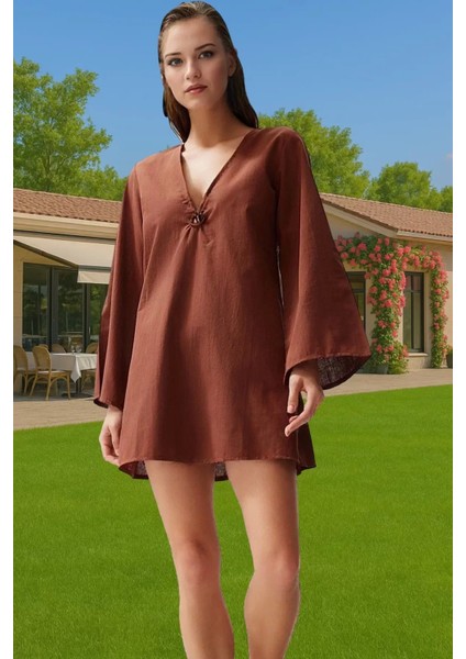 Kadın %100 Pamuk Mini Plaj Elbisesi V Yaka Uzun Kollu Rahat Yüksek Kalite Profesyonel Görünüm fiyatları