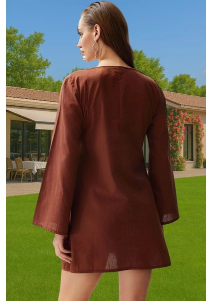 Kadın %100 Pamuk Mini Plaj Elbisesi V Yaka Uzun Kollu Rahat Yüksek Kalite Profesyonel Görünüm modelleri