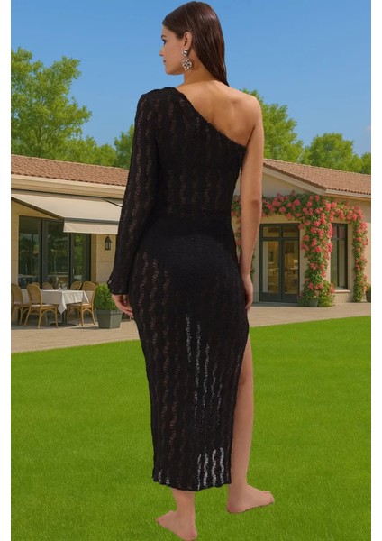 Asimetrik Yaka Uzun Kollu Triko Plaj Elbisesi Kemer Detaylı Şık Dayanıklı Malzeme Konforlu Kesim fiyatları