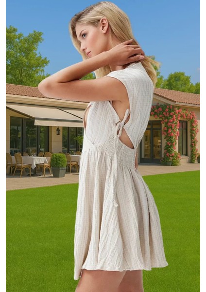 Plaj Elbisesi V Yaka Mini Elbise Keten Karışımlı Yazlık Elbise Yüksek Kalite Özenle Seçilmiş fiyatları