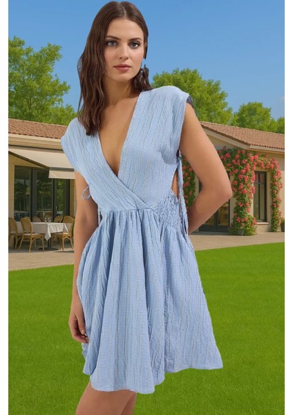 Plaj Elbisesi V Yaka Mini Elbise Keten Karışımlı Yazlık Elbise Yüksek Kalite Özenle Seçilmiş