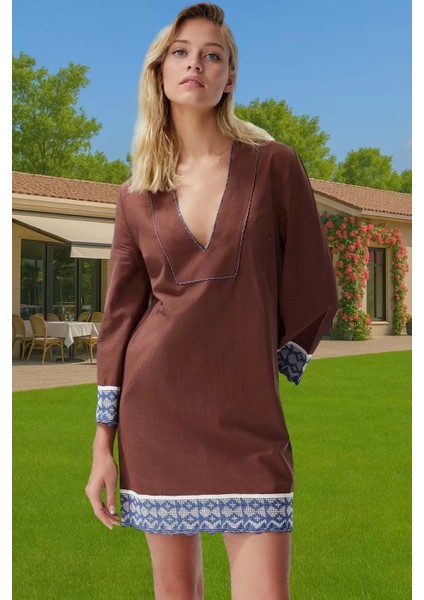 Rahat Pamuklu Yazlık Plaj Elbisesi Uzun Kollu V Yaka Midi Kaliteli Işçilik Rahat Kullanım