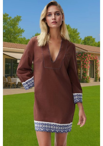 Rahat Pamuklu Yazlık Plaj Elbisesi Uzun Kollu V Yaka Midi Kaliteli Işçilik Rahat Kullanım fiyatları