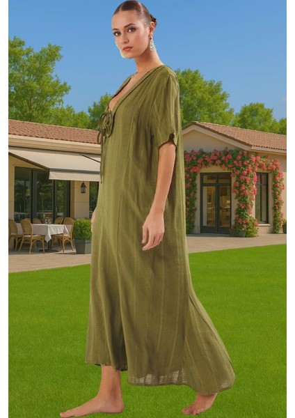Yazlık Şık Tesettür Maxi Elbise Keten Görünümlü Bağlamalı Detaylı Mükemmel Uyum Dayanıklı Malzeme
