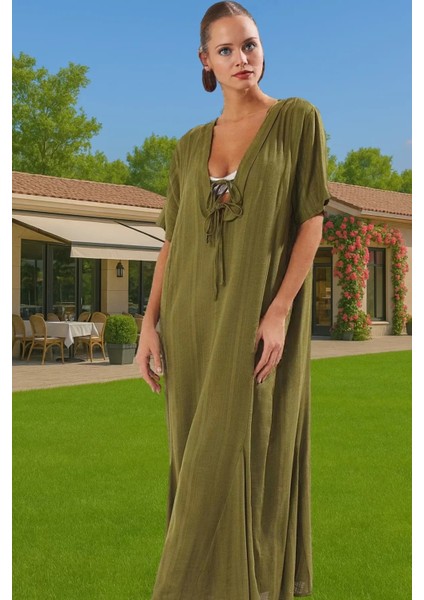 Yazlık Şık Tesettür Maxi Elbise Keten Görünümlü Bağlamalı Detaylı Mükemmel Uyum Dayanıklı Malzeme modelleri