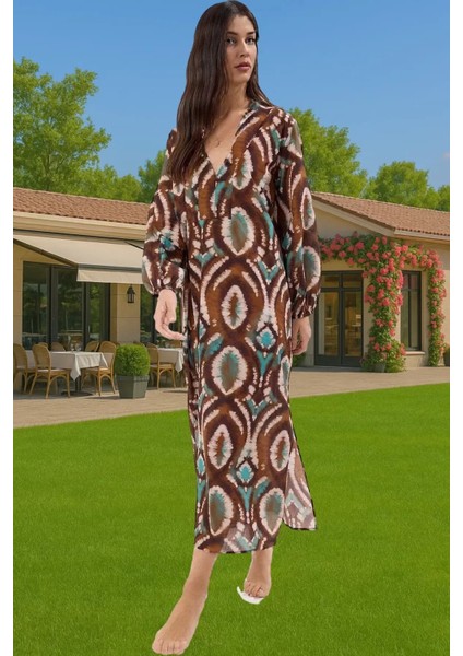 Şık Maxi Plaj Elbisesi %100 Pamuk Keten Görünümlü Etnik Desen Konforlu Kesim Kaliteli Işçilik