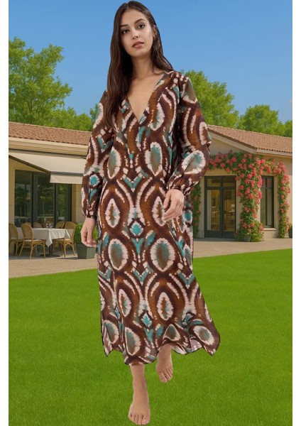 Şık Maxi Plaj Elbisesi %100 Pamuk Keten Görünümlü Etnik Desen Konforlu Kesim Kaliteli Işçilik fiyatları