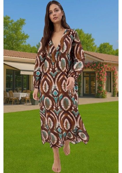 Şık Maxi Plaj Elbisesi %100 Pamuk Keten Görünümlü Etnik Desen Konforlu Kesim Kaliteli Işçilik modelleri