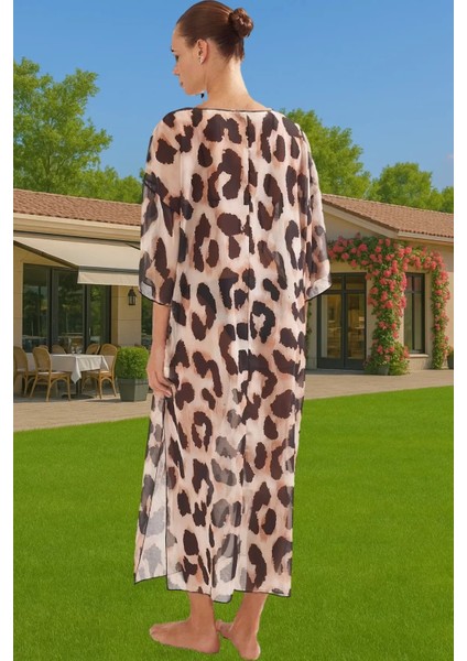 Boyundan Bağlamalı Leopar Desenli Şifon Maxi Elbise Modern Stil Yüksek Kalite Trend Tasarım