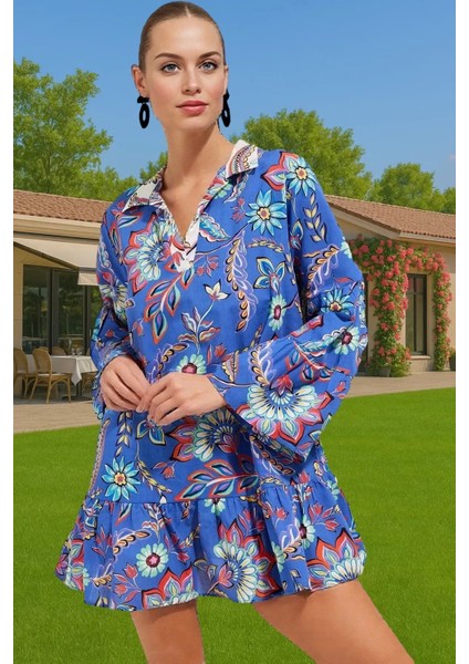 Şık Kadın %100 Pamuk Mini Elbise Vual Dokuma Çiçek Desenli Yazlık Rahat ve Şık Kaliteli Işçilik