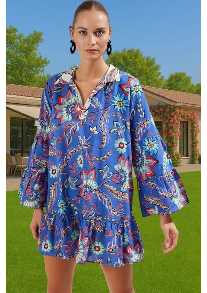 Şık Kadın %100 Pamuk Mini Elbise Vual Dokuma Çiçek Desenli Yazlık Rahat ve Şık Kaliteli Işçilik fiyatları