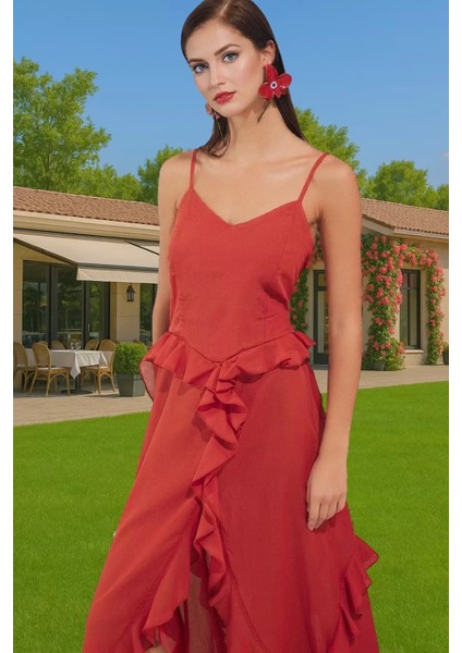 Pamuk Dokuma Midi Elbise Volanlı Detaylı Yazlık Plaj Mükemmel Uyum Özenle Seçilmiş Zarifane Tasarım