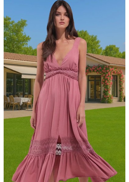 Viskoz Maxi Elbise Dantel Detayli Skater Kalıp Yazlık Modern Stil Özel Tasarım Özenle Seçilmiş modelleri