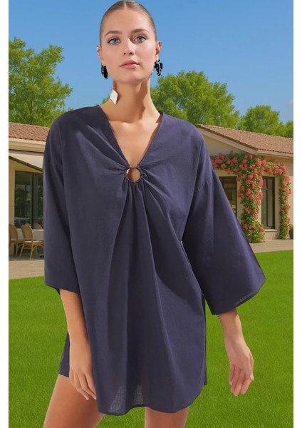 Rahat Pamuklu Aksesuarlı Shift Keten Görünümlü Midi Yazlık Elbise Modern Stil Mükemmel Uyum fiyatları