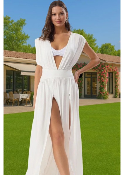 Yazlık Maxi Elbise Tek Kol Derin V Yaka Yırtmaçlı Viskoz Elastan Konforlu Kesim Modern Stil fiyatları