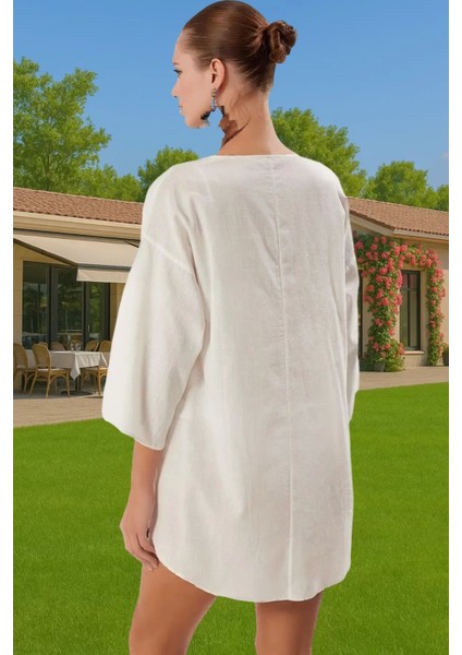 Rahat Pamuklu Aksesuarlı Shift Keten Görünümlü Midi Yazlık Elbise Modern Stil Mükemmel Uyum modelleri