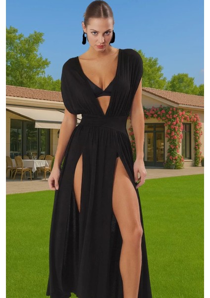 Yazlık Maxi Elbise Tek Kol Derin V Yaka Yırtmaçlı Viskoz Elastan Konforlu Kesim Modern Stil