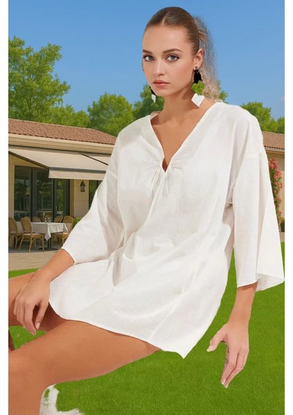 Rahat Pamuklu Aksesuarlı Shift Keten Görünümlü Midi Yazlık Elbise Modern Stil Mükemmel Uyum