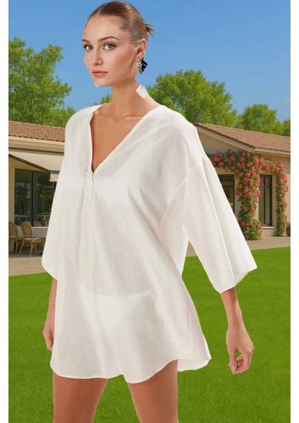 Rahat Pamuklu Aksesuarlı Shift Keten Görünümlü Midi Yazlık Elbise Modern Stil Mükemmel Uyum fiyatları