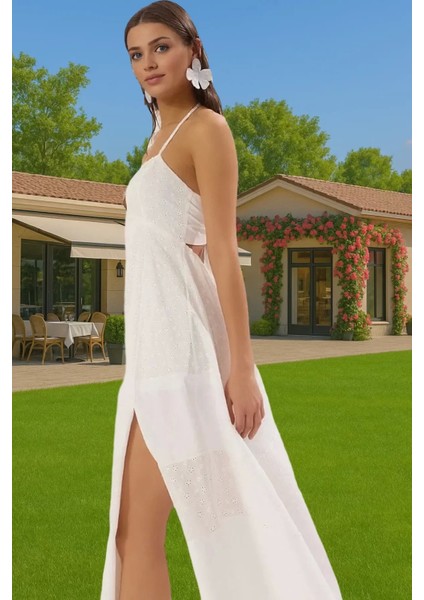 Beyaz Kadın Maxi Elbise Poplin Kumaş Brode Detaylı Yazlık Plaj Mükemmel Uyum Rahat ve Şık