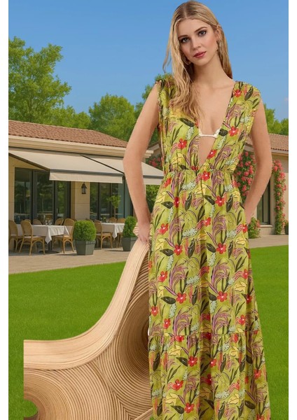 Yazlık Şık V Yaka Maxi Elbise Büzgü Detaylı Plaj Mükemmel Uyum Modern Stil Uzun Ömürlü Yüksek Kalite