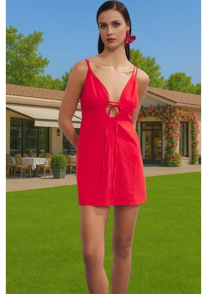 V Yaka Bağcıklı Şık Pamuklu Yazlık Mini Elbise Uzun Ömürlü Günlük Kullanım Için Rahat Kullanım