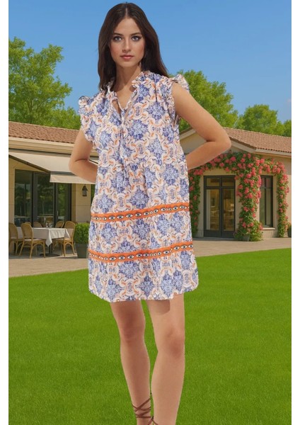 Dokuma Pamuk Mini Elbise Geometrik Çini Desenli Yazlık Uzun Ömürlü Mükemmel Uyum Modern Stil