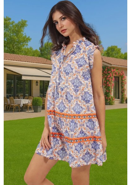 Dokuma Pamuk Mini Elbise Geometrik Çini Desenli Yazlık Uzun Ömürlü Mükemmel Uyum Modern Stil fiyatları