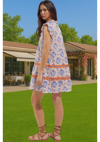 Dokuma Pamuk Mini Elbise Geometrik Çini Desenli Yazlık Uzun Ömürlü Mükemmel Uyum Modern Stil modelleri