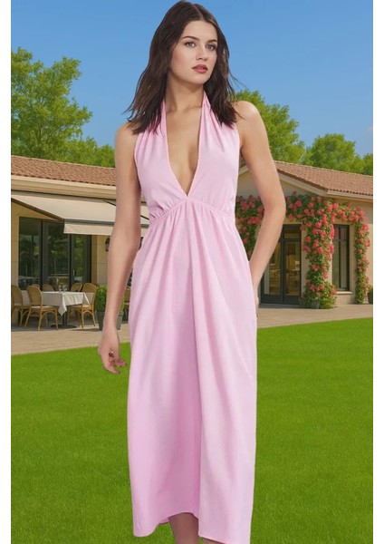 Kadın Yazlık Plaj Elbisesi V Yaka Bubble Krep Maxi Yüksek Kalite Modern Stil Rahat Kullanım