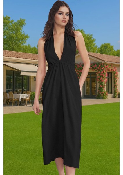 Kadın Yazlık Plaj Elbisesi V Yaka Bubble Krep Maxi Yüksek Kalite Modern Stil Rahat Kullanım