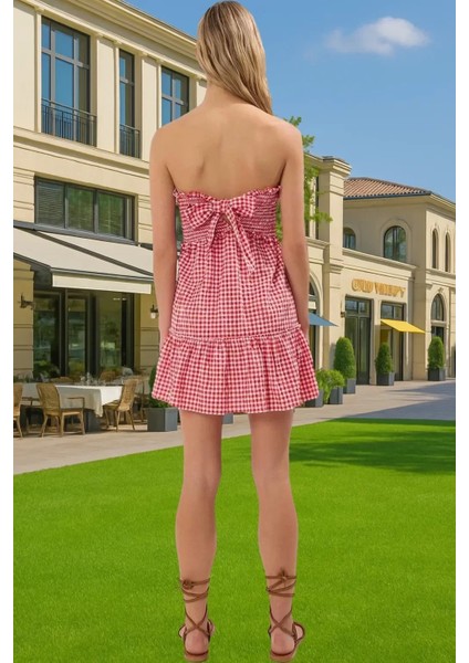 Kısa Straplez Ekose Mini Elbise Pamuk Karışımlı Yazlık Özel Tasarım Modern Stil Seçkin Malzeme