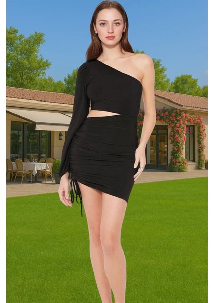 Şık Tek Omuzlu Bodycon Abiye Elbise Polyester Örme Kumaştan Konforlu Kesim Rahat ve Şık Özel Tasarım