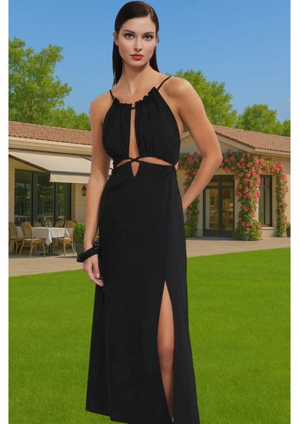 A Line Halter Yaka Maxi Elbise Pamuk Elastan Bubble Krep Yazlık Plaj Konforlu Kesim Yüksek Kalite