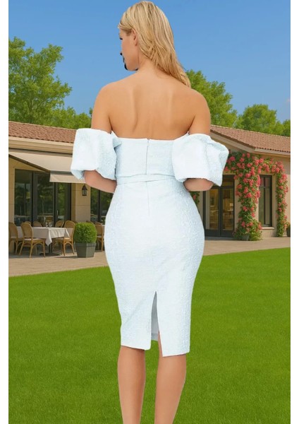 Midi Boy Carmen Yaka Kemerli Abiye Elbise Dokuma Polyester Kumaştan Zarifane Tasarım Trend Tasarım modelleri