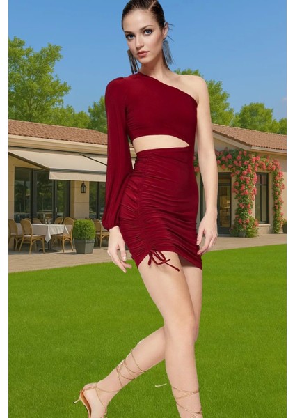 Şık Tek Omuzlu Bodycon Abiye Elbise Polyester Örme Kumaştan Konforlu Kesim Rahat ve Şık Özel Tasarım