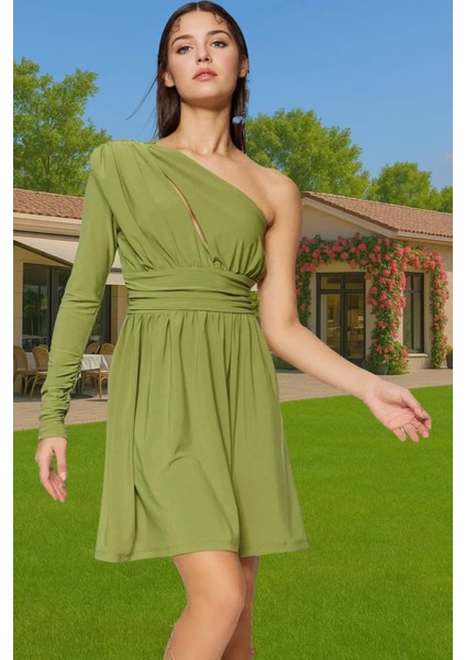 Sandy Dokuma Tek Omuz A Kesim Mini Elbise Polyester Karışımlı Cut Out Detaylı Dayanıklı Malzeme