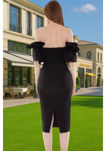 Omuzdan Çıkarmalı Midi Boy Abiye Elbise Polyester Elastan Karışımlı Özenle Seçilmiş Yüksek Kalite