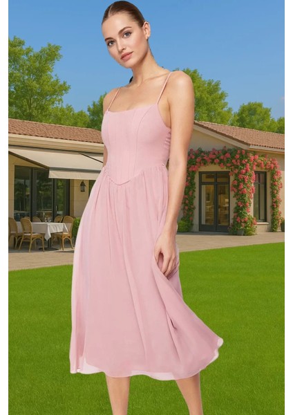 Midi Boy Astarlı Şifon Abiye Elbise Yüksek Kalite Zarifane Tasarım Konforlu Kesim Zarifane Tasarım