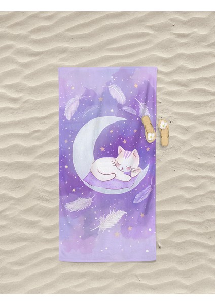 Sevimli Kedi Desenli Dijital Baskılı Genç Kız Çocuk Baskılı Plaj Banyo Havlusu