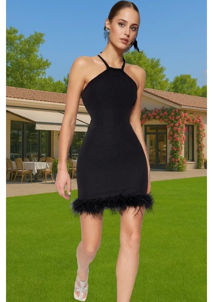 Elbise Bodycon Mini Abiye Tüy Detaylı Finike Dokuma Polyester Yazlık Yüksek Kalite Özenle Seçilmiş