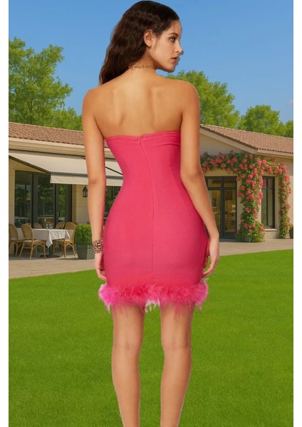 Elbise Bodycon Mini Abiye Tüy Detaylı Finike Dokuma Polyester Yazlık Yüksek Kalite Özenle Seçilmiş