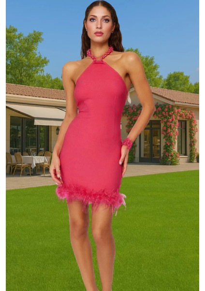 Elbise Bodycon Mini Abiye Tüy Detaylı Finike Dokuma Polyester Yazlık Yüksek Kalite Özenle Seçilmiş