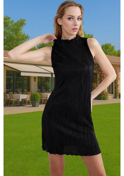 Astarlı Polyester Örme Mini Elbise Piliseli Dik Yaka Abiye Premium Kalite Günlük Kullanım Için
