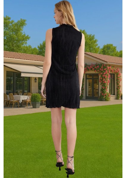Astarlı Polyester Örme Mini Elbise Piliseli Dik Yaka Abiye Premium Kalite Günlük Kullanım Için