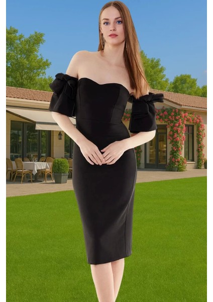 Omuzdan Çıkarmalı Midi Boy Abiye Elbise Polyester Elastan Karışımlı Özenle Seçilmiş Yüksek Kalite