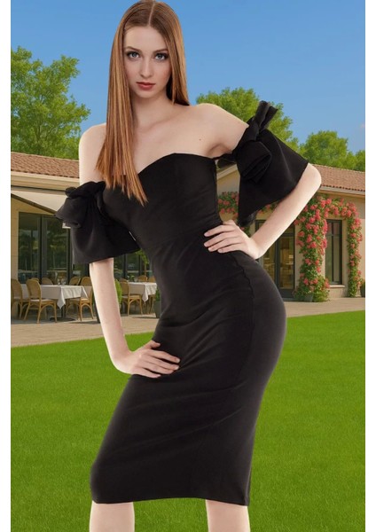 Omuzdan Çıkarmalı Midi Boy Abiye Elbise Polyester Elastan Karışımlı Özenle Seçilmiş Yüksek Kalite fiyatları