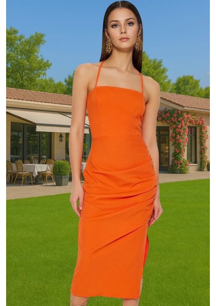 Kolsuz Kare Yaka Midi Boy Abiye Elbise Polyester Elastan Dokuma Profesyonel Görünüm Uzun Ömürlü