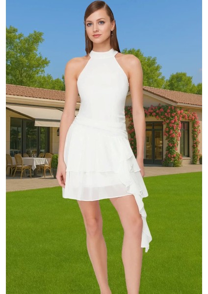 Polyester Şifon A Kesim Fırfırlı Mini Elbise Seçkin Malzeme Zarifane Tasarım Zarifane Tasarım