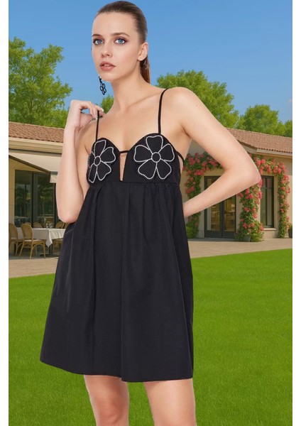 Yazlık Kadın Mini Abiye Elbise Pamuk Poplin Kumaş Çiçek Detaylı Kaliteli Işçilik Rahat Kullanım